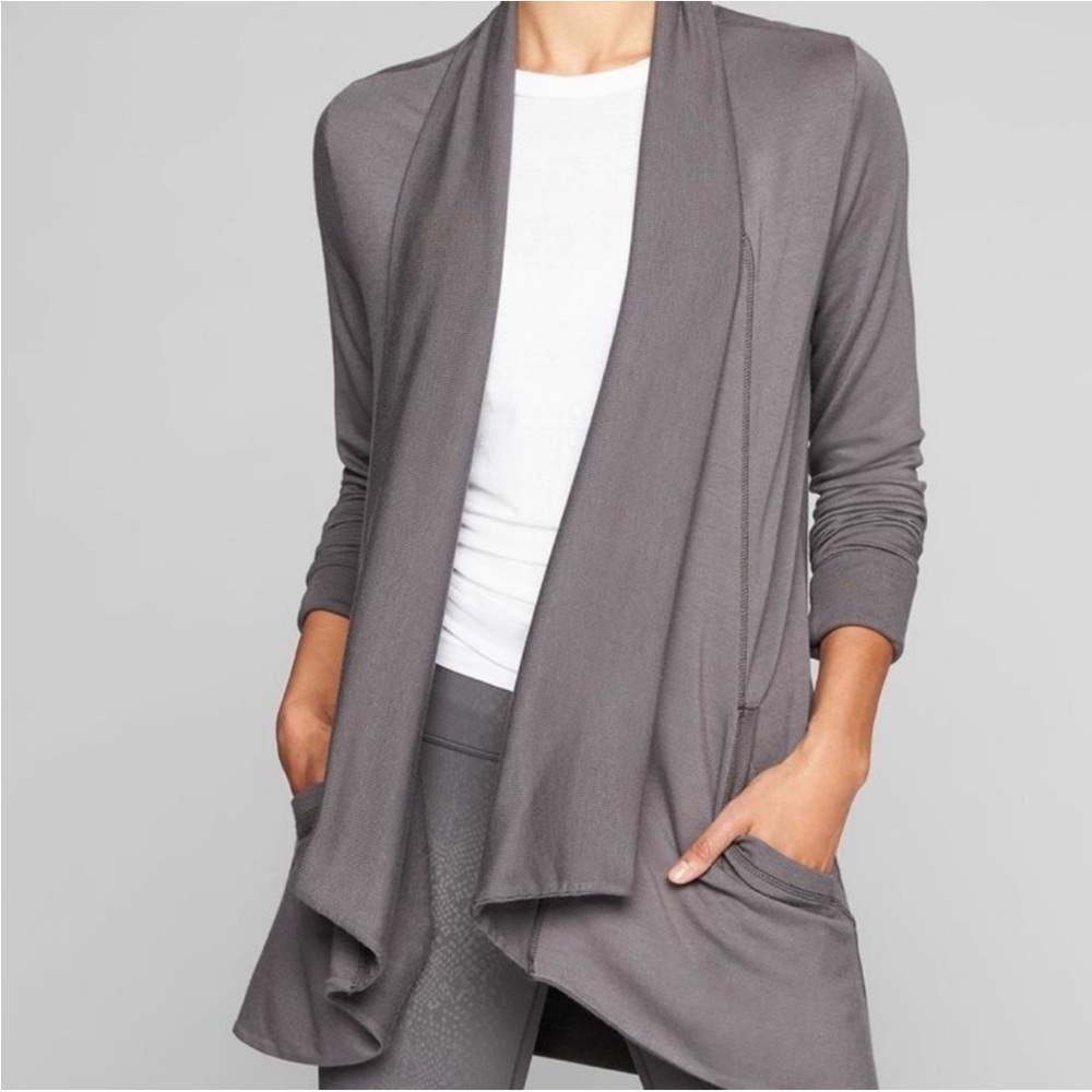 ATHLETA Pranayama Restor Modal Atheleisure Wrap Cardigan in Mortar Mushroom